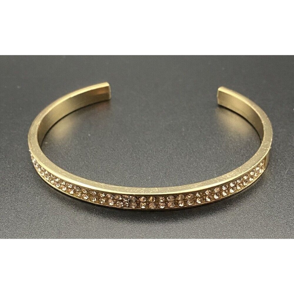 Set 2 Cuff Bracelets Polished Gold Tone Sparkle Rhinestone Love 5.5 & 8 mm 7.5" - Picture 3 of 10